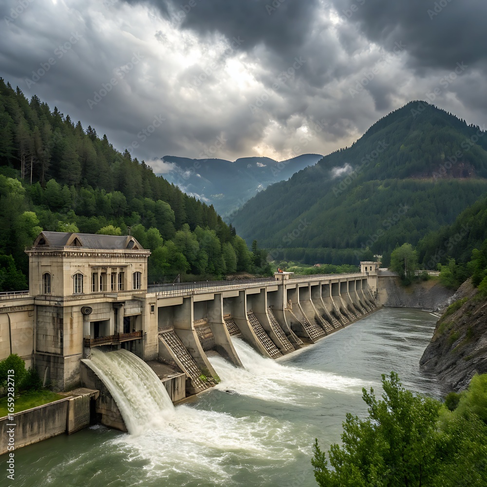 This stunning image captures the dramatic intersection of engineering and nature, highlighting the powerful water flow from the dam set against a backdrop of forested mountains. This stunning image captures the dramatic intersection of engineering and nature, highlighting the powerful water flow from the dam set against a backdrop of forested mountains.