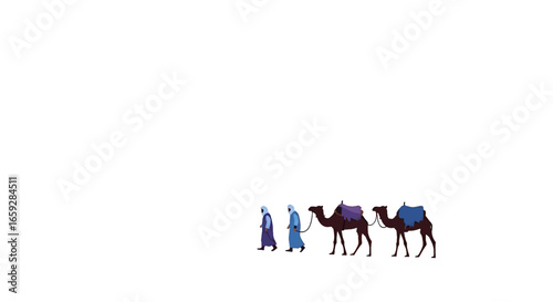 Pixel Art Image of Figures with Camels in Desert with Blue Tones