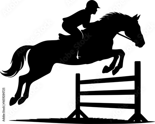 Black and white vector silhouette of horse rider jumping a fence. Minimal equestrian sport icon for show jumping, horse riding, competition, training, and outdoor activity illustration