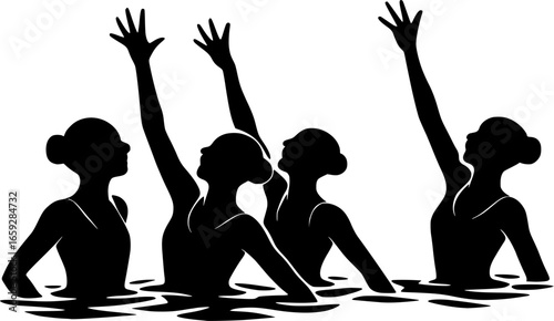 Black and white vector silhouette of synchronized swimmers. Minimal water sport icon for artistic swimming, team performance, aquatic competition, and pool recreation illustration