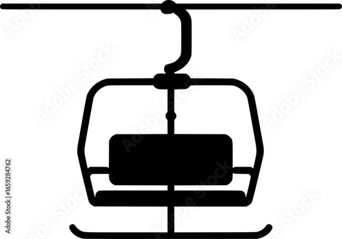 Flat black stroke vector silhouette of ski lift chair. Minimal winter recreation icon for ski resorts, alpine adventure, mountain transport, and outdoor activity illustration