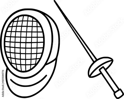 Flat vector outline of fencing mask and sword. Minimal combat sport icon for fencing, athlete training, competition, Olympic sport, and martial arts illustration