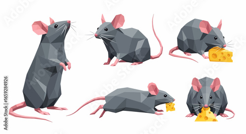 A collection of stylized grey mice in various poses, interacting with cheese.