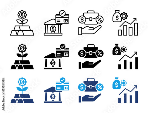Finance and banking icon set. Containing Gold investment, Checking account, Business loan, Wealth management Icons Collection.