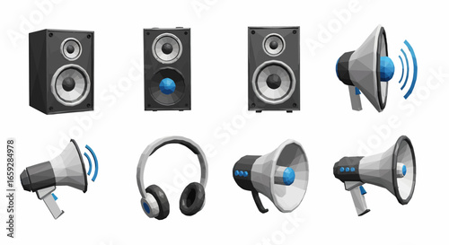 A collection of audio equipment including speakers, megaphones, and headphones arranged in a row on a white background.