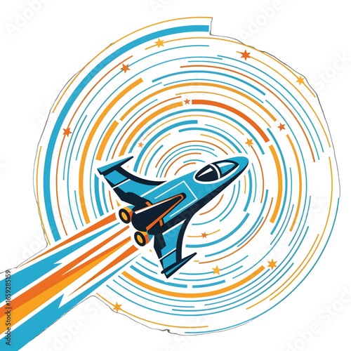 Stylized Spaceship Launching Through Swirling Star Trails in Teal Blue Orange and Yellow on a White Background