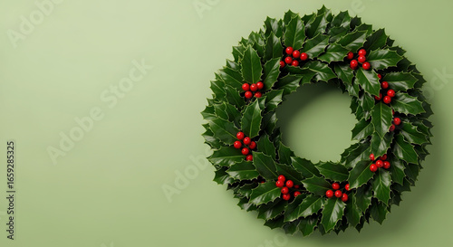 Festive advent wreath with holly leaves and red berries for christmas decoration