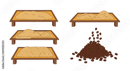 Wooden Trays with Sand Piles and Heaps of Brown Material in Various Quantities Displayed Against White Background