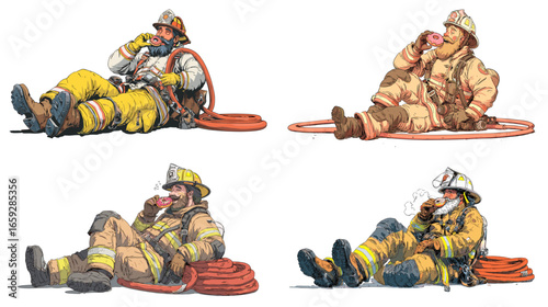 Illustration of firefighters in uniform resting and drinking coffee after duty, symbolizing bravery, teamwork, and relaxation after hard work.