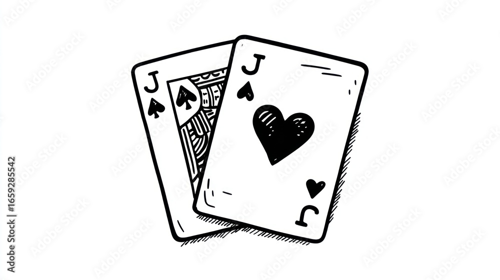 Obraz premium Two playing cards, one spade jack, one heart jack, in a simple black and white style