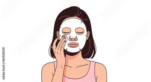 Woman Applying White Facial Mask for Skincare in Pixel Art Style With a Pink Top and Dark Brown Hair on White Background