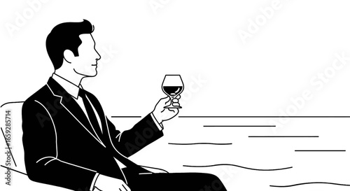 Elegant Man in Dark Suit Sits on Couch Holding Glass of Red Wine in Minimalist Black and White Illustration