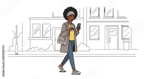 Elegant Woman in Checkered Coat Checks Her Mobile Phone While Strolling Down a City Street with Clean Minimalist Lineart