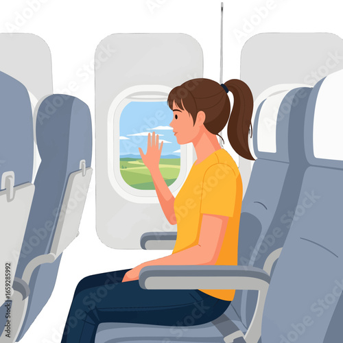 Young Woman Waving from Airplane Window Seat with Blue Skies and Green Fields in Background