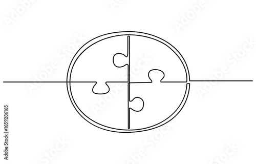 Continuous one line drawing of two puzzle pieces, Two connected puzzles line art. Jigsaw pieces continuous one line drawing. Vector isolated on white.