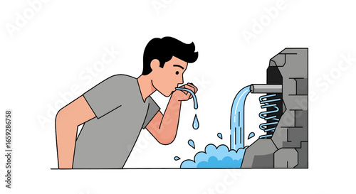 Man Drinking Water From Pixel Art Tap Illustration in White Background Design Emphasizing Hydration and Refreshment