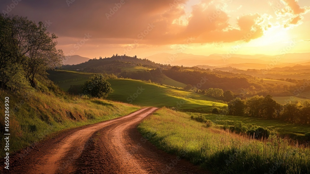 Fototapeta premium Scenic sunset over rolling hills with a dirt road leading into the distance.