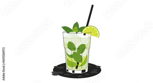 Mojito Cocktail in Pixel Art Style with Lime and Mint Leaves on a White Background
