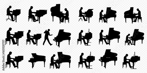 Diverse black silhouettes illustrating musicians playing and interacting with different grand and upright pianos.