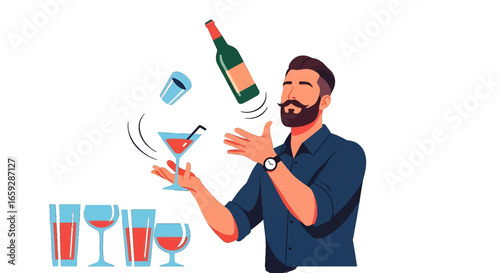Pixel Art of a Skilled Bearded Man Juggling Cocktail Glass and Bottle in a Bar Setting with Retro Style and Display of Graphic Design