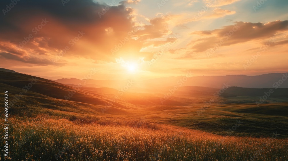 Obraz premium Stunning sunset over rolling hills with clouds and golden light