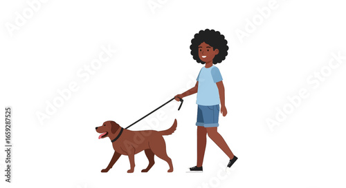 Cartoon Pixel Art Style Woman Walking Brown Dog with Leash on White Background