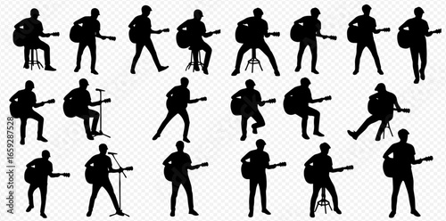 Collection of silhouette illustrations showing a person playing an acoustic guitar in various standing and seated positions.