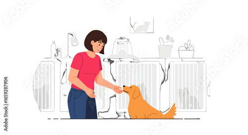 Illustration of Woman Giving Treat to Golden Dog with Pixel Art Style on Kitchen Interior in Background