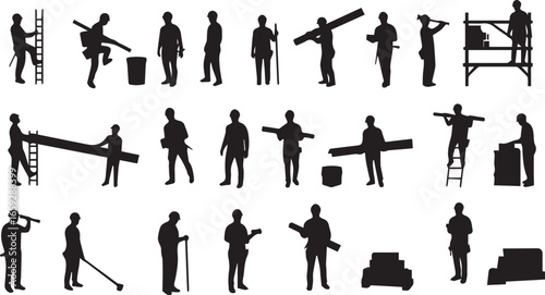 Silhouette construction workers engaged in various labor activities with tools and materials Keywords: construction worker, silhouette, laborer, building, construction, manual labor, worker