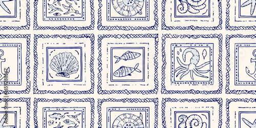 Seamless pattern of blue nautical motifs in square frames on cream background Keywords: nautical, marine