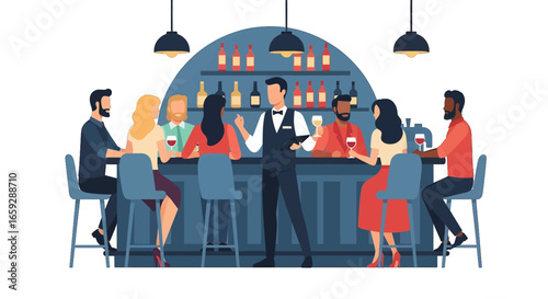 Diverse Patrons Enjoying Drinks at Blue Bar With Bottles Overhead and Bartender Serving Clients in a Vector Illustration