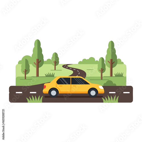 Yellow Car Driving on Road Through Green Landscape with Trees in Minimalist Style