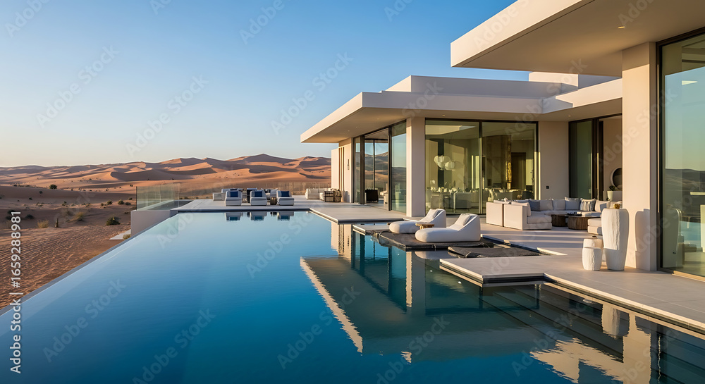 Fototapeta premium Luxurious modern villa with infinity pool overlooking a vast desert landscape under a clear blue sky.