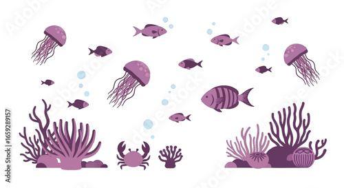 Pixel Art Style Underwater Marine Life Featuring Purple Jellyfish Crabs and Fish with Bubbles and Coral Reefs on a White Background