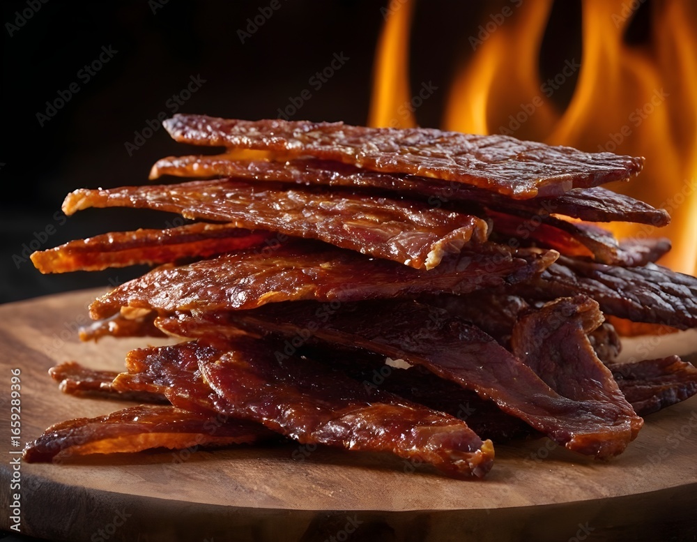 smoked pork jerky on a wooden board smoked pork jerky on a wooden board