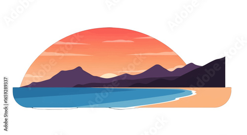 Pixel Art Landscape of Coastal Mountains at Sunset with Orange Sky over Ocean Beach