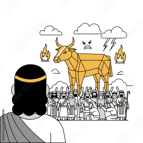 Golden Calf Worship Scene Featuring an Angry God and Crowd With Black Hair Bearded Figures and Golden Deity on an White Background