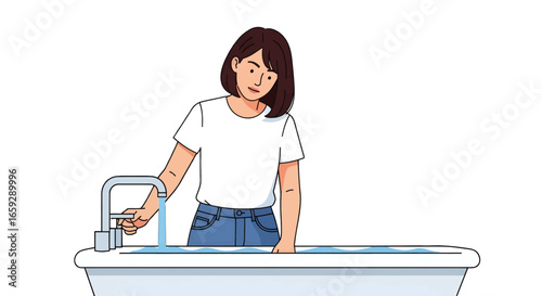 Young Woman in White T-Shirt Turns on Faucet Filling Bathtub with Water Illustration on White Background Featuring Clean Minimalist Pixel Art Style