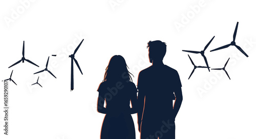 Silhouetted Couple Gaze at Wind Turbines Against White Backdrop Symbolizing Renewable Energy and Sustainable Future