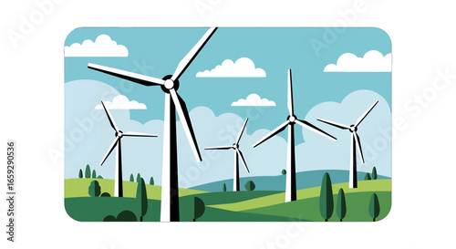 Windmills Farm in Green Field Generating Renewable and Clean Energy Under Blue Sky on A Bright Day
