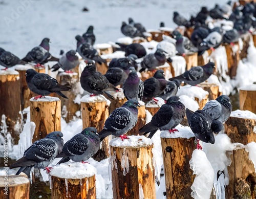 Pigeons on snowy wooden posts
