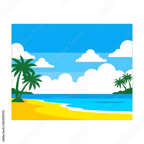 Pixelated Tropical Beach Scenery with Azure Sea Yellow Sand White Clouds and Green Palm Trees in a Relaxing and Serene Holiday Destination