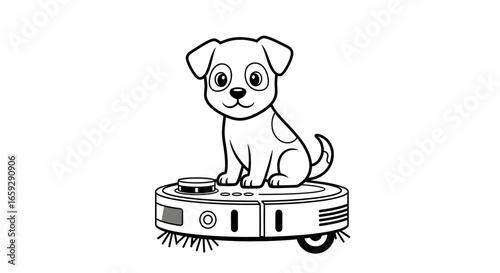 Cartoon Dog Riding on Vacuum Robot Cleaner Illustration on White Background