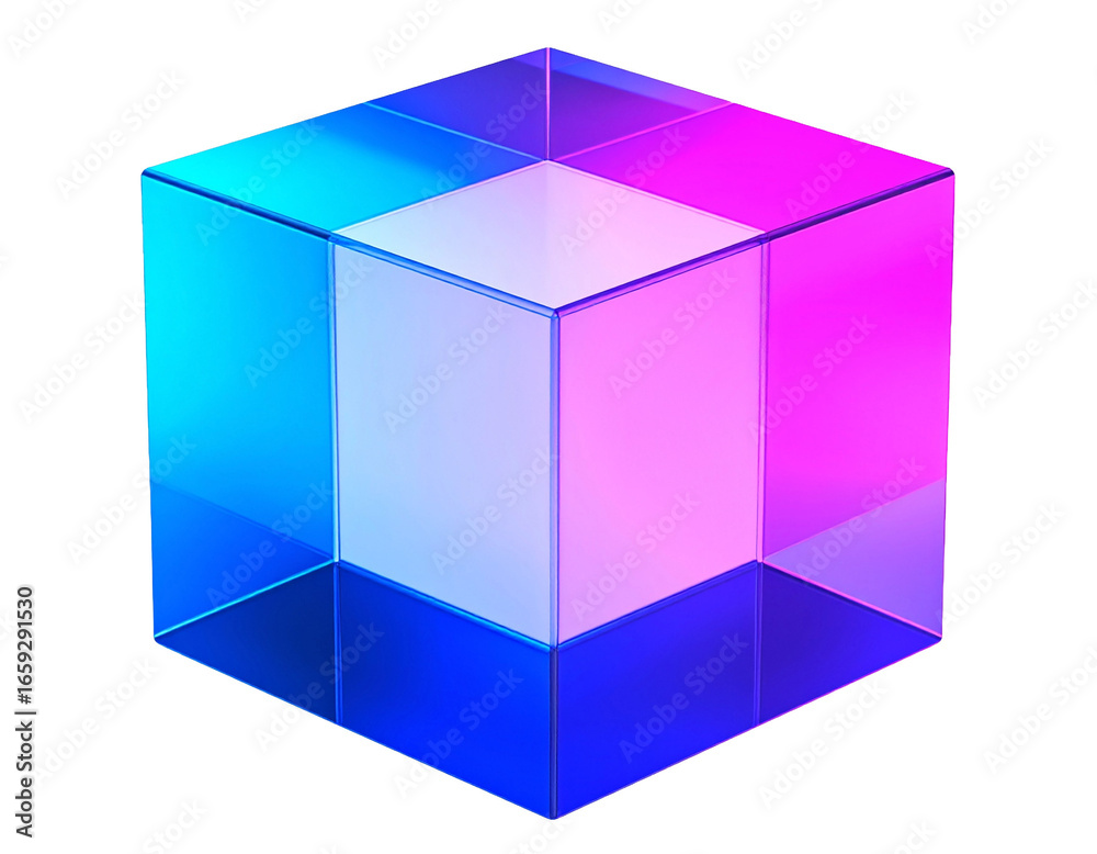 Fototapeta premium Gradient 3D cube PNG with transparent background, modern tech style.
