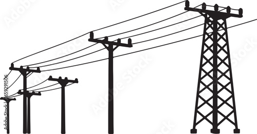 Silhouette of electricity pylons and power lines against a white background transmission tower