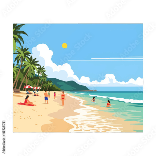 Pixel Art Beach Scene with People Sunbathing Swimming and Palm Trees Under a Bright Blue Sky With White Clouds