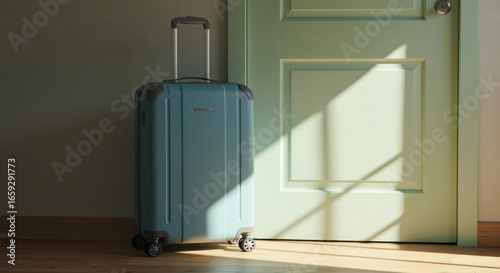 A teal carry-on suitcase stands on a hardwood floor near a pale green door, bathed in sunlight casting shadows.  The suitcase has a retractable handle and four wheels