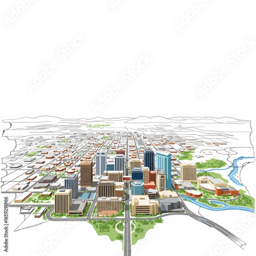 Detailed Cityscape Illustration with Buildings and River in Clear Daylight with Green Trees and Urban Environment