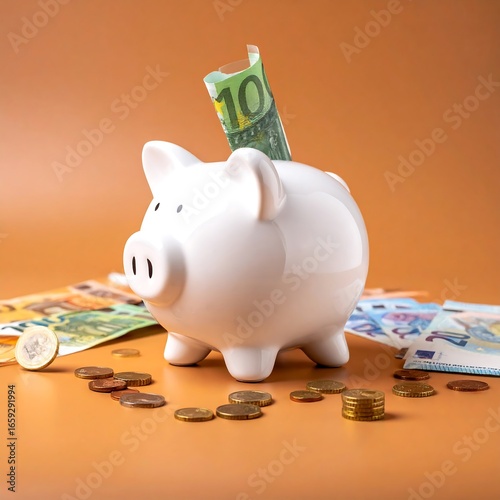 Piggy bank with euro money and coins