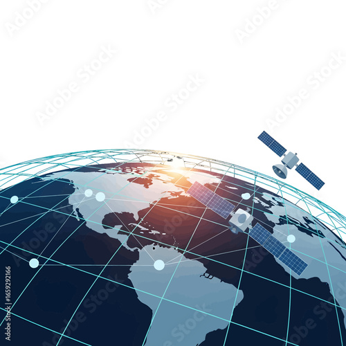 Global Network Connectivity Featuring Earth Globe Satellites and Communication Technology With Digital Grids on a White Background